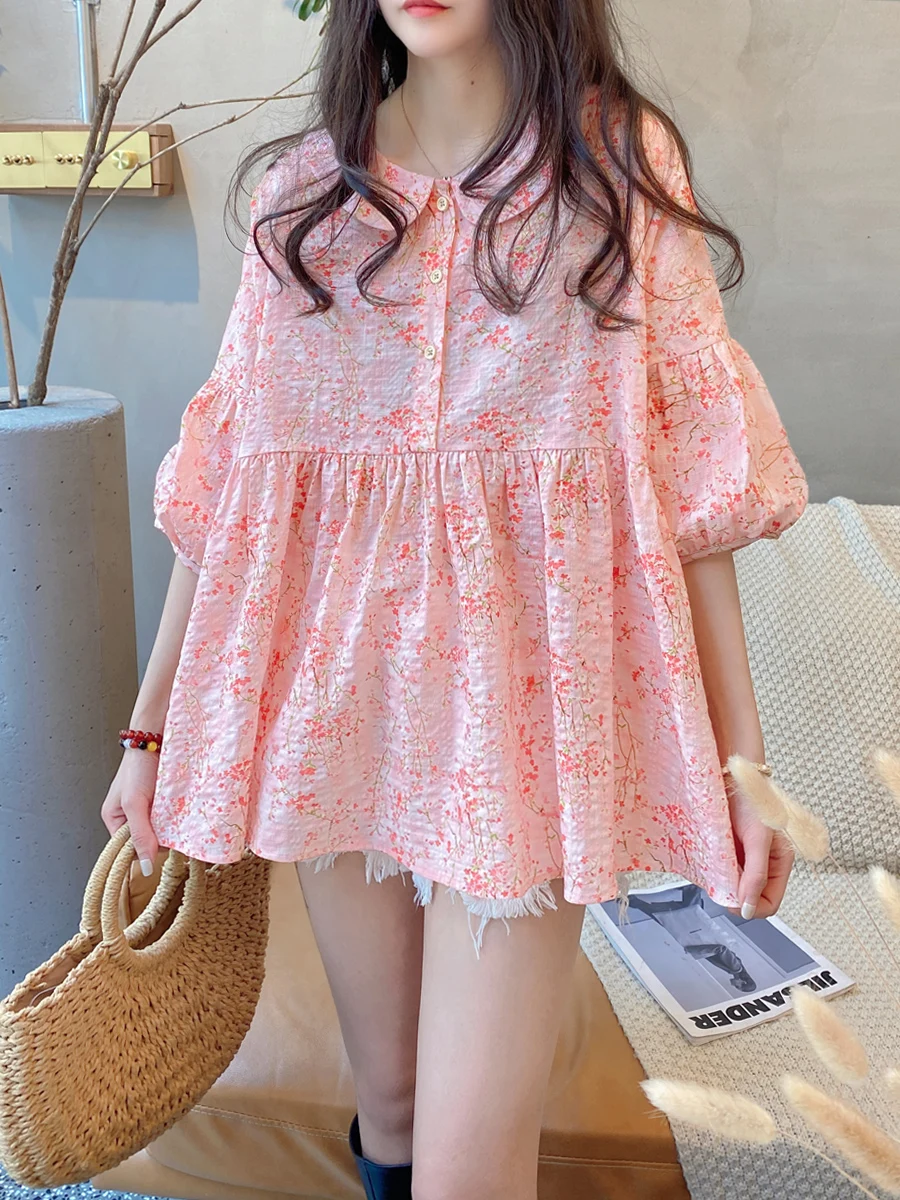 

Doll Shirt Tops 2022 Summer Korean Version Loose Sweet Floral Lantern Sleeve Blouse Fluffy Cotton Linen Flower Shirt