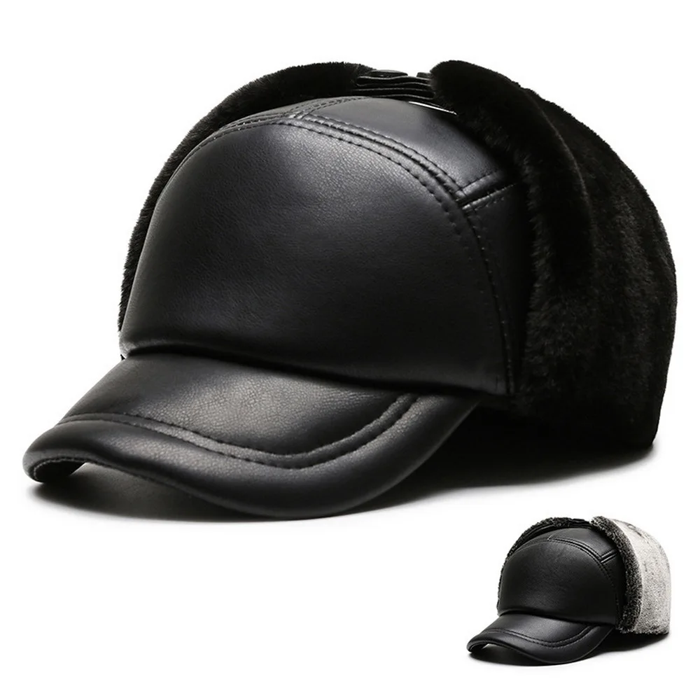 

Зимние мужские бейсболки-ушанка шапки Pu материал 58 см плюшевые складные отец теплые шапки снег 2023 новый bq0593