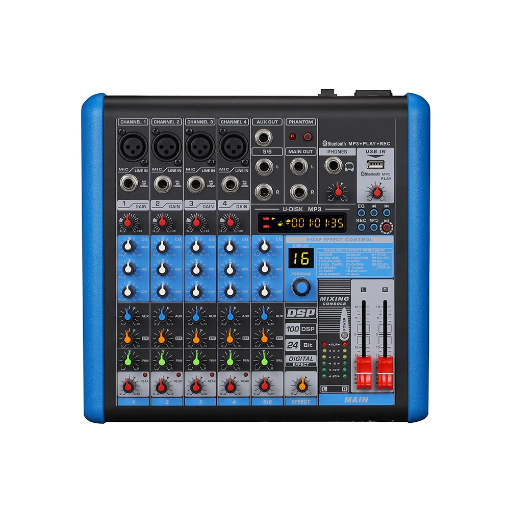 

4 Channels Portable Audio Mixer with USB 48 V Phantom Power Professional Karaoke DJ Audio Mixer built in 99 DSP effector