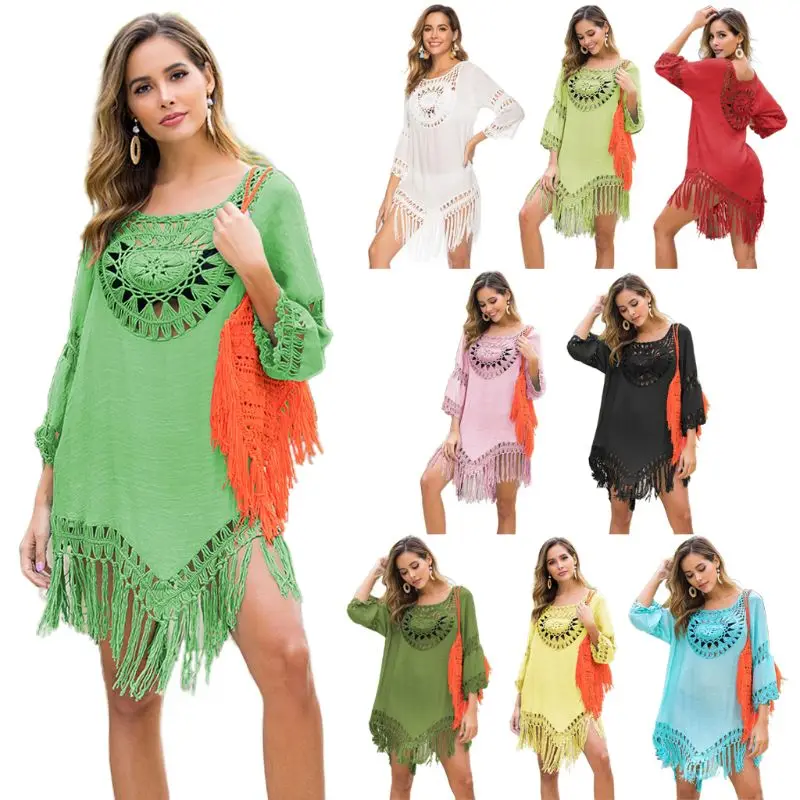 

Women Hollow Crochet Floral Swimsuit Cover Ups Fringe Tassels Asymmetric Beach Dress Summer Sexy Pullover Tunic Loose Bikini