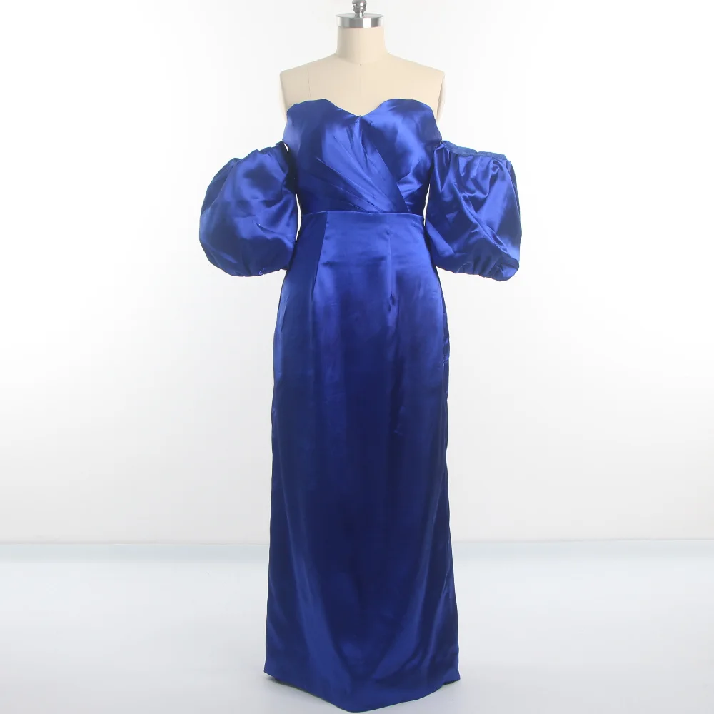 

Evening Dresses Royal Blue Strapless Mermaid Floor Length Puff Short Sleeves Pleat Lace up Plus size Formal Party Dress H981