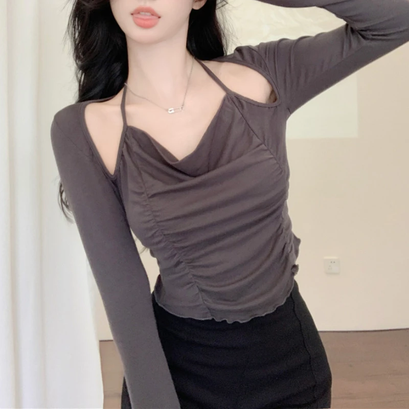 

Y2k Gray Fake 2-piece Long-sleeved T-shirt Women's Autumn Hotsweet Pure Desire Stitching Design Sense Niche Slim Short Tops