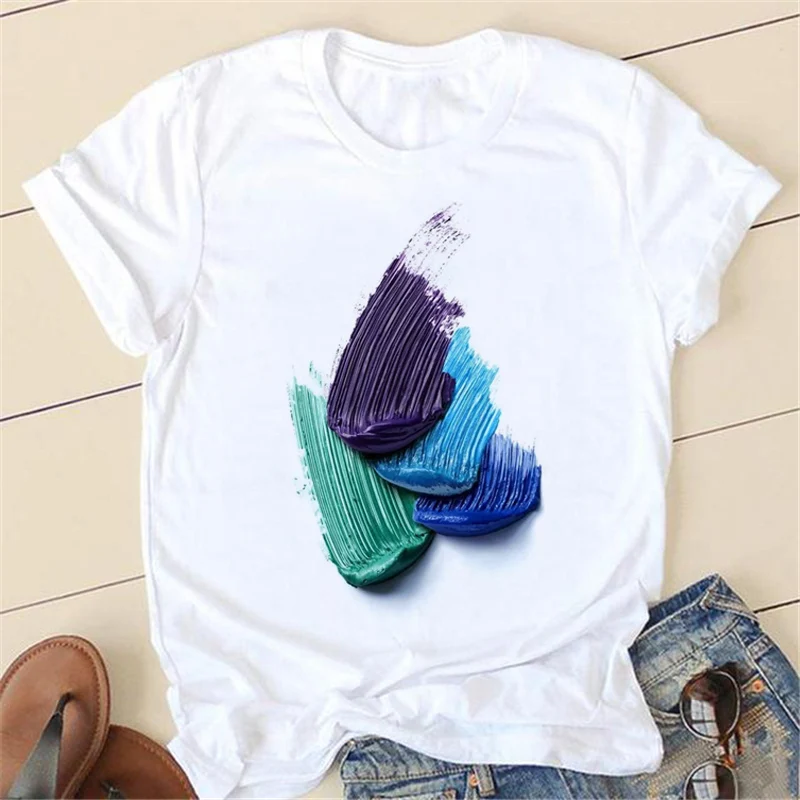 

Color Nail Polish Printed Fashion Women T-shirt Street Loose Round Neck White Short Sleeve T-shirt High Quality Clothes