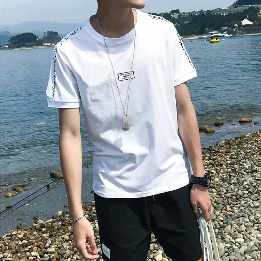 

Мужская летняя футболка, новинка 2021 года, модный брендовый трендовый хлопковый Повседневный Свободный корейский стиль с рукавом до локтя