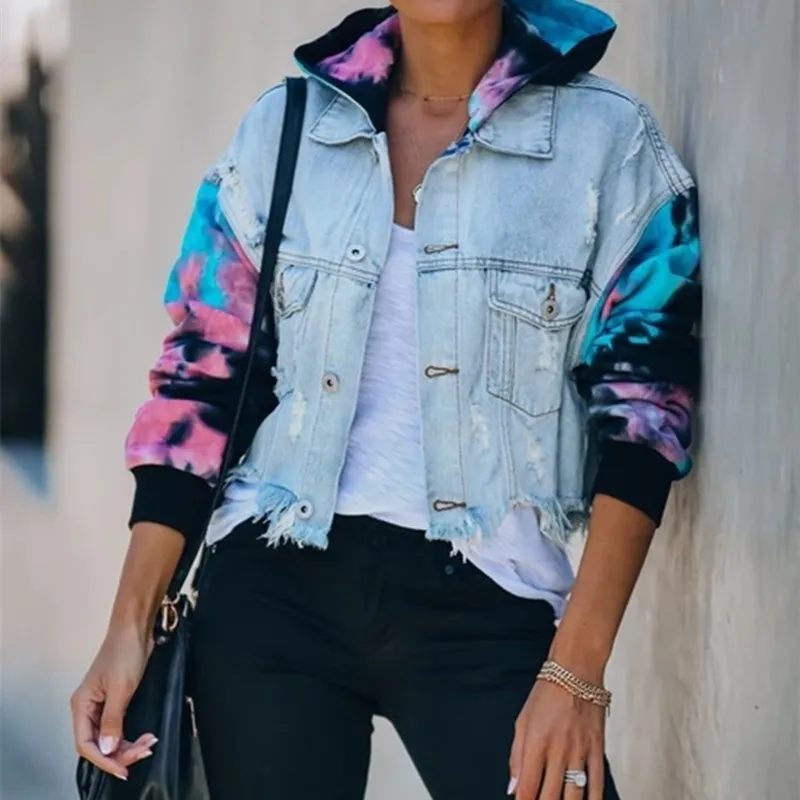 

2021 Autumn New Jacket Women's Denim Jacket Color Matching Tie-dye Ripped Holes Fringed Long-sleeved Short Street Style Jacket