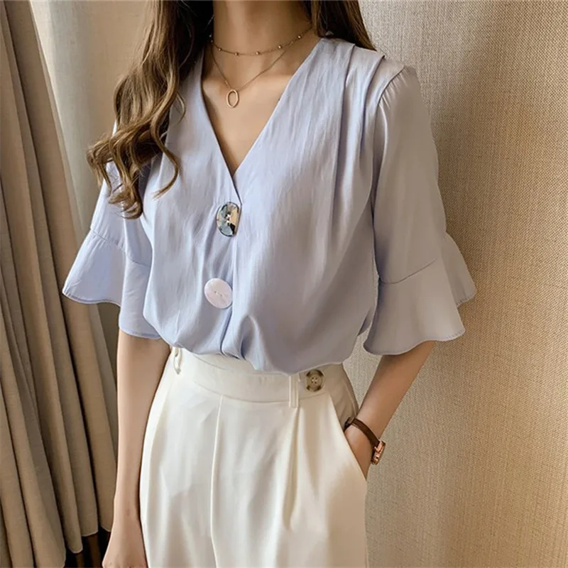 

Blouse Women Large Size V-neck Chiffon Shirt Single-breasted Solid Color Short Sleeve Summer Loose Type Popularity Tenafeicc