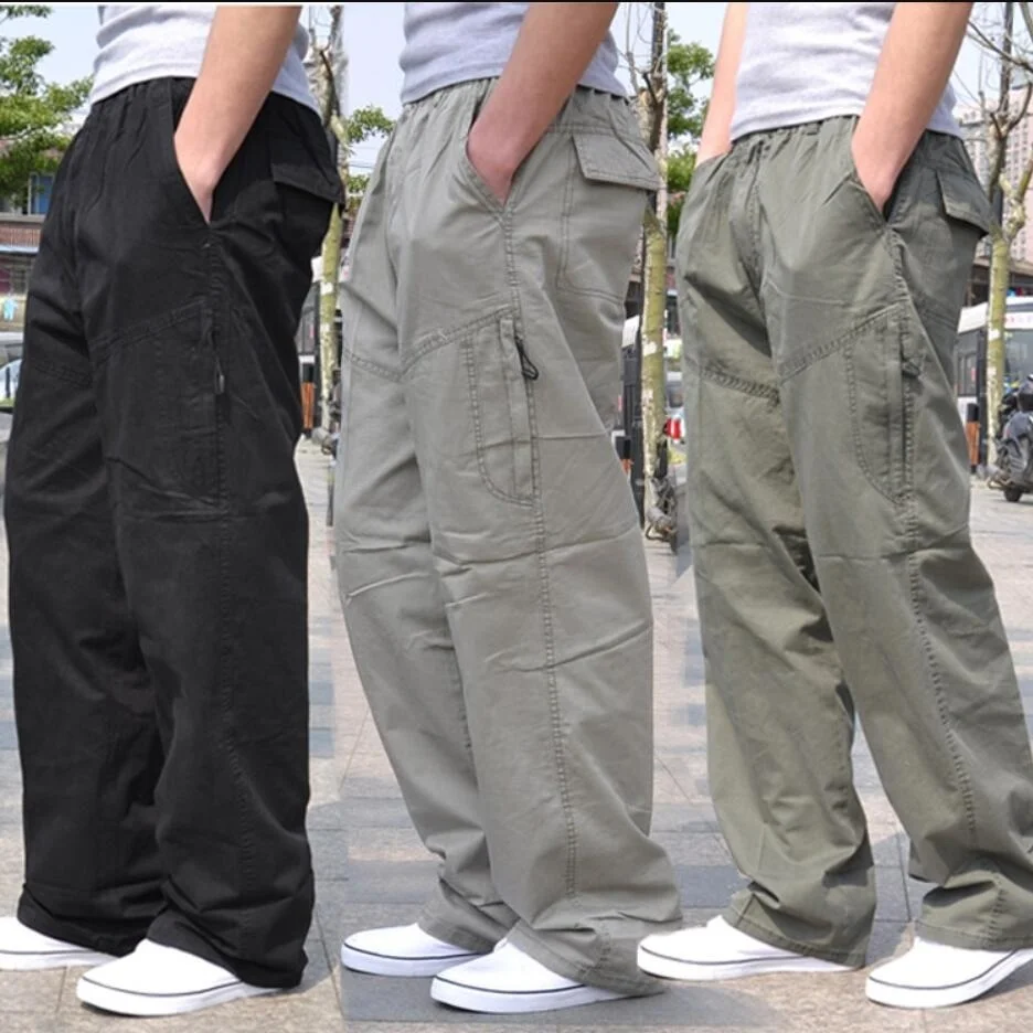 

spring Men cargo cotton pants pocket large size big 8XL 10XL 9XL 140KG loose out door casual safari style pants black 46 48 50