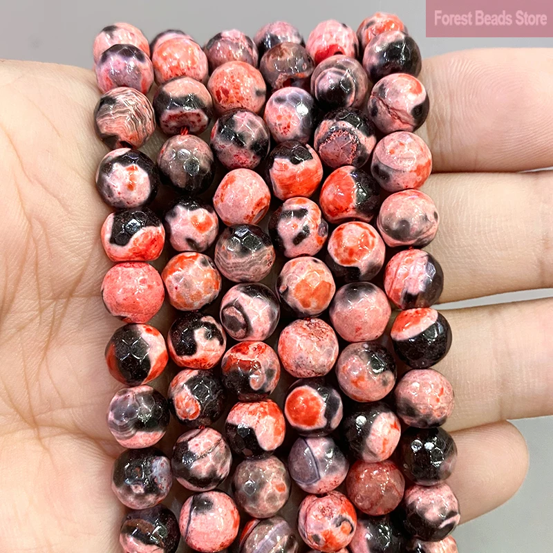 

Faceted Frost Cracked Red Dream Fire Dragon Veins Agates Round Beads Natural GemStone Beads for Jewelry Making 15'' Strand 8mm