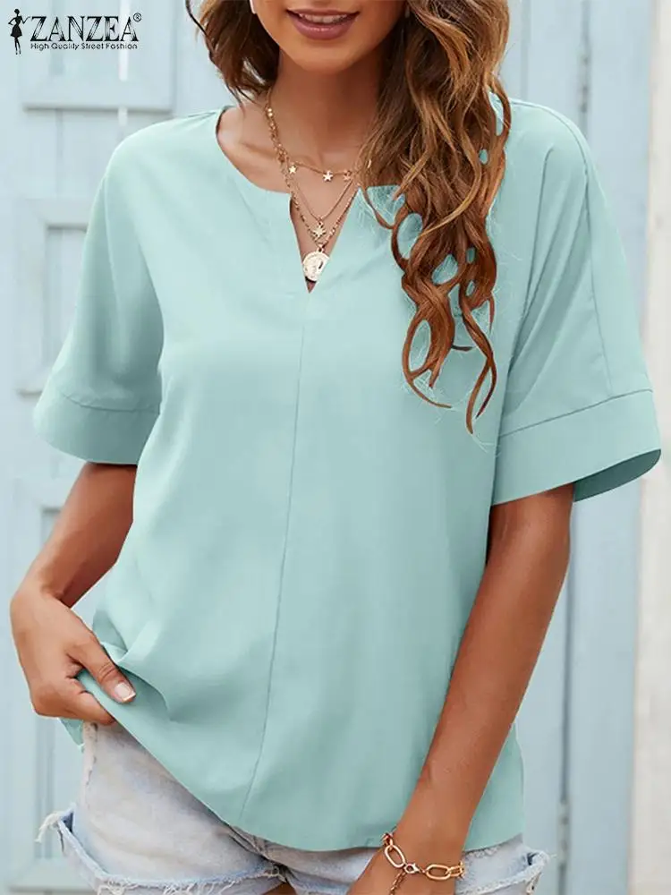 

2023 ZANZEA Summer Blouse Women Vintage Half Sleeve Tunic Tops Fashion V Neck Buttons Shirt Casual Loose Holiday Blusas Oversize