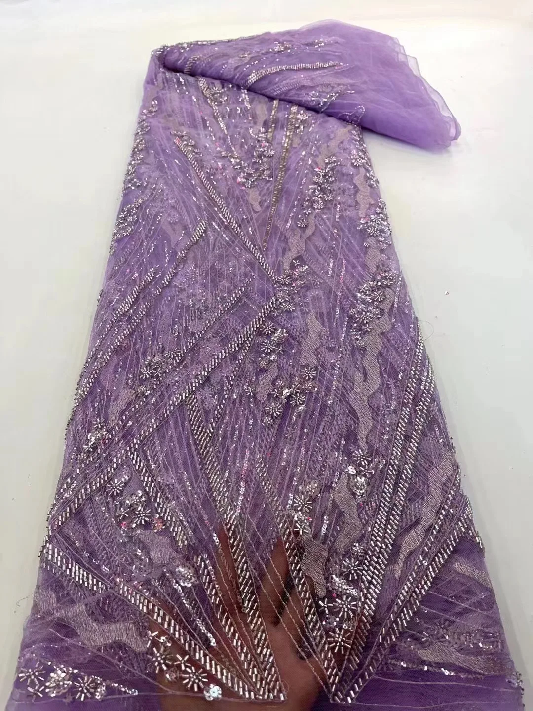 

Африканская фиолетовая сетчатая ткань ручной работы с бусинами и блестками 2022 нигерийская Высококачественная Тюль Роскошные Бусины кружева для свадебного платья выпускного вечера
