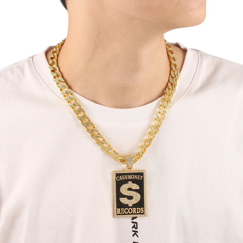 

Fashion Crystal Jewelry Hip Hop Rap US Dollar Pendant Necklace Rhinestone Beads Charm Chain Necklace For Man Record Necklace