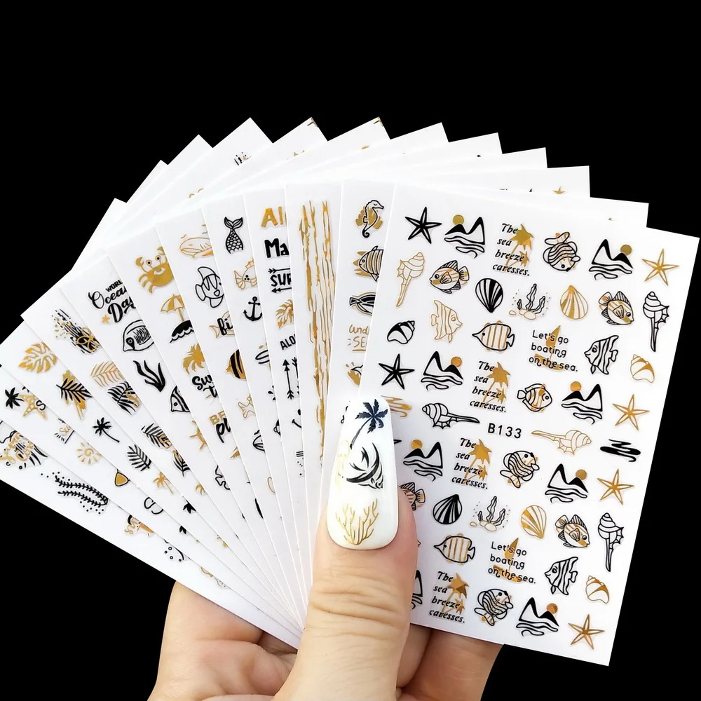 Летние наклейки для ногтей черные золотые пляжные океанские кокосовое дерево