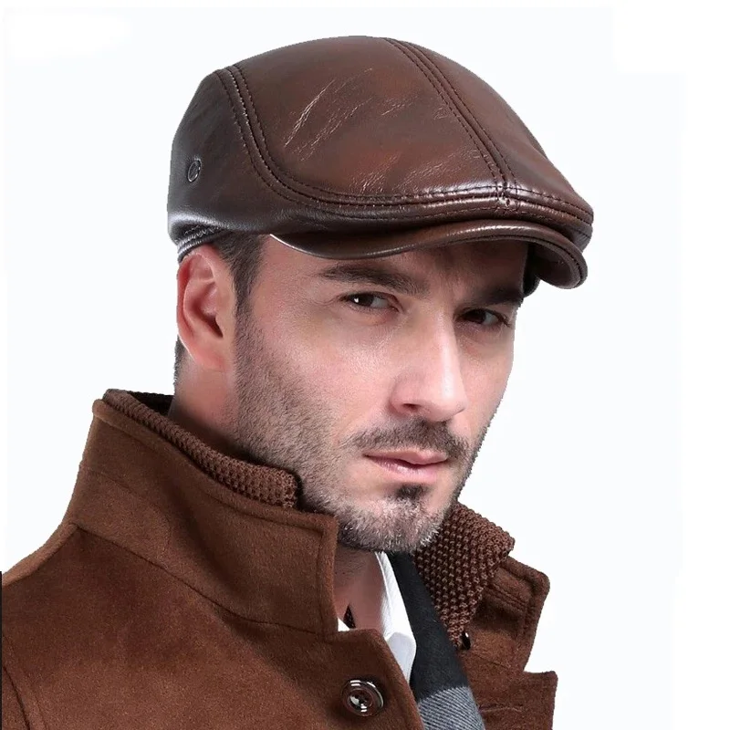 Men's outdoor leather hat winter Berets male warm Ear protection cap 100% genuine leather dad hat wholesale Leisure bone