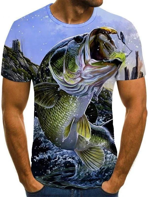 

3d fish print summer shirt, short sleeve t-shirt for men and women, casual, big fashion, round collar, for hip hop