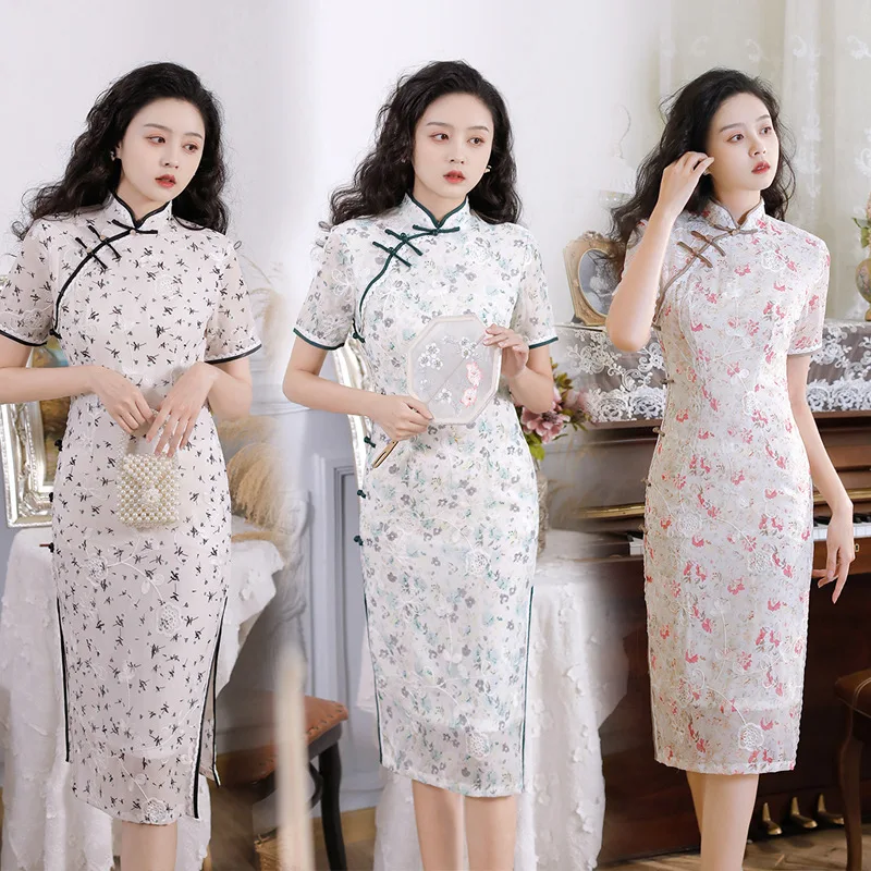 

Women Spring Summer Chiffon Qipao Dress with Lining Chinese Traditional Midi Cheongsam Double Layer Short Sleeves Lady Prom Gown