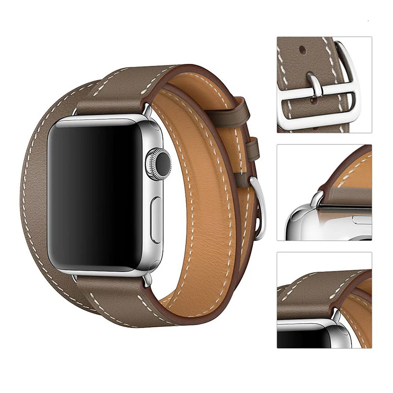 Кожаный двойной кольцевой ремешок для Apple Watch 6 5 4 3 2 SE 44мм 42мм 40мм премиальный браслет iWatch Ultra 49мм 8 7 45мм 41мм.