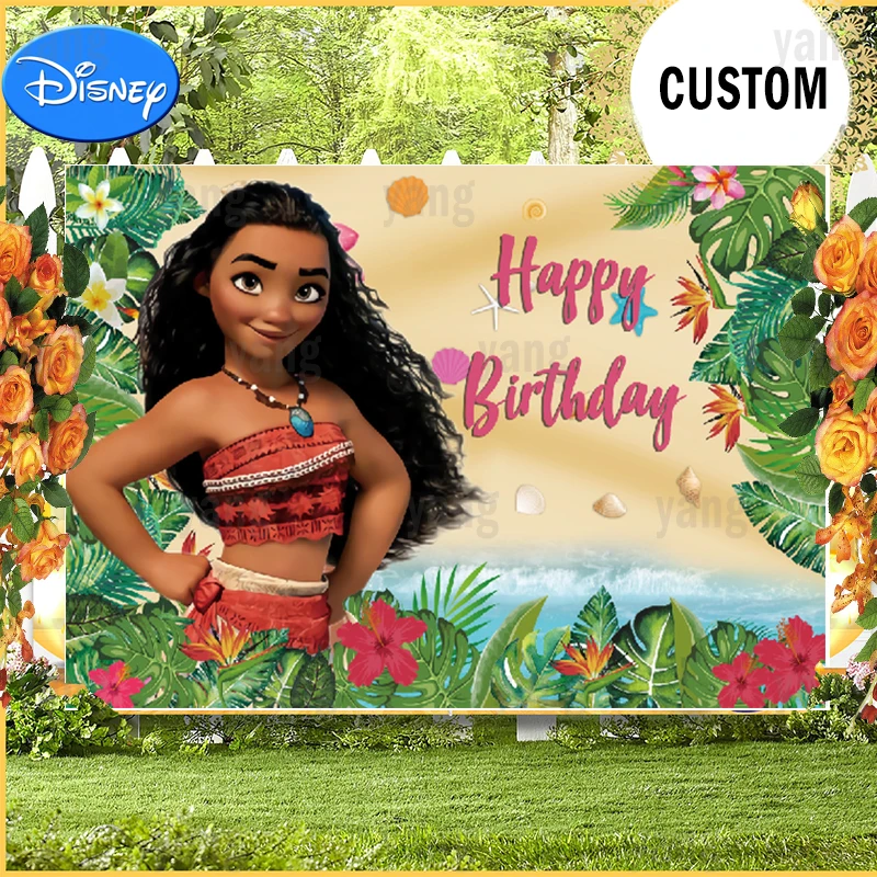 Disney Moana Girls Photo Backdrop Princess Newborn Happy Birthday Party Cartoon Vaiana Decoration Photography Backgrounds Banner