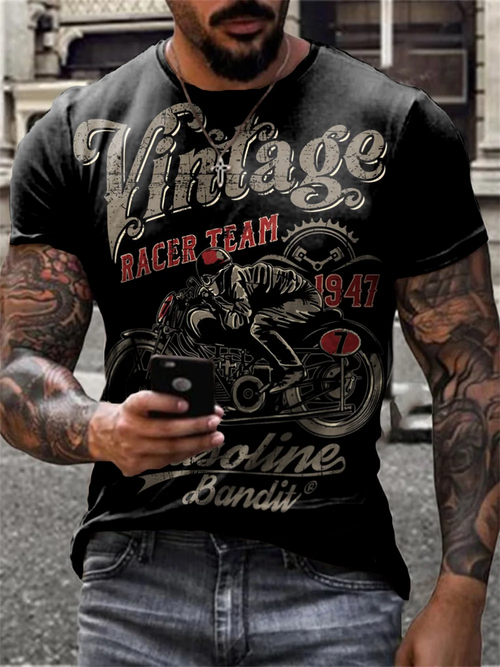 

Summer new style castrol retro short-sleeved men's T-shirt 3D printing ethnic alphabet Harajuku fashion T-shirt men's collar top