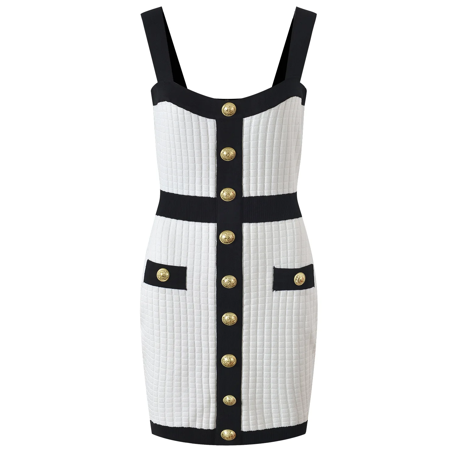 

New Summer Dress For Ladies Sexy Sleeveless Spaghetti Strap Contrast Color Patchwork Gold Buttons Slim High End Camisole Dress