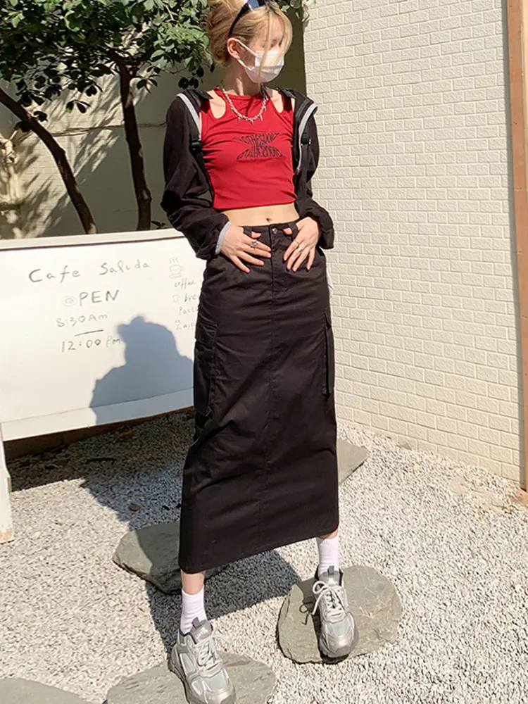 

Юбка-карго Kalevest Y2K, корейские модные юбки, черная уличная одежда, женские юбки, осенняя элегантная Ретро Юбка-миди, одежда для девочек