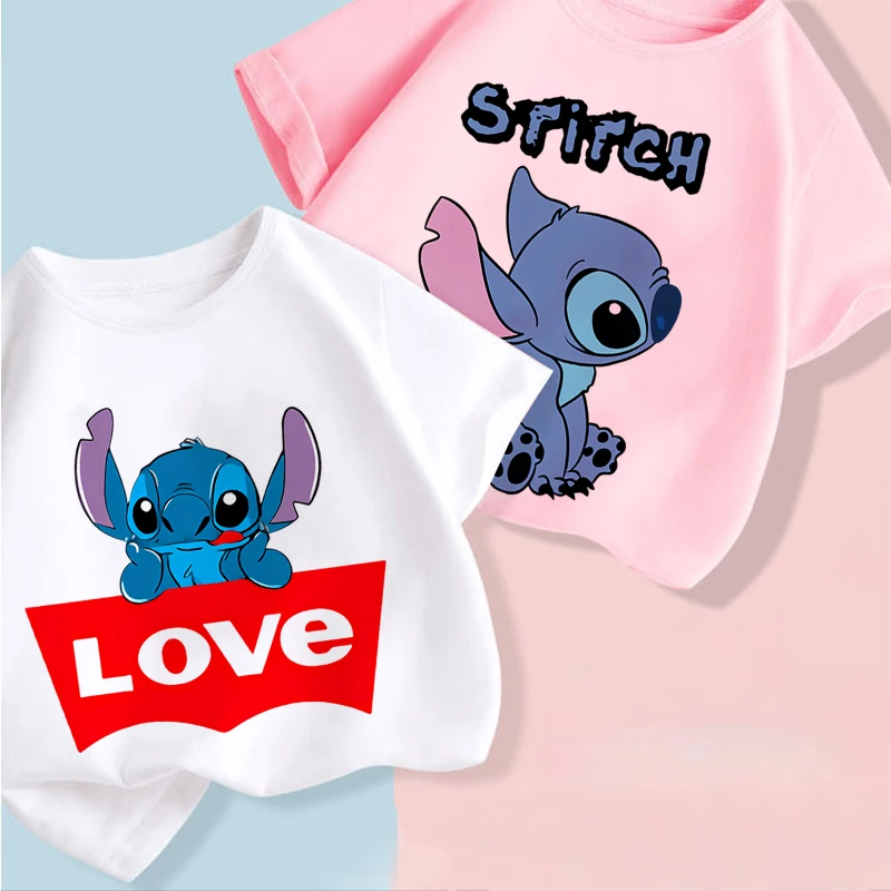 

Stitch Disney Charm Costume Fashion New Summer Boys Clothes T-shirts Baby Girl Clothes Short Sleeve Cartoon Harajuku Outdoor Tee