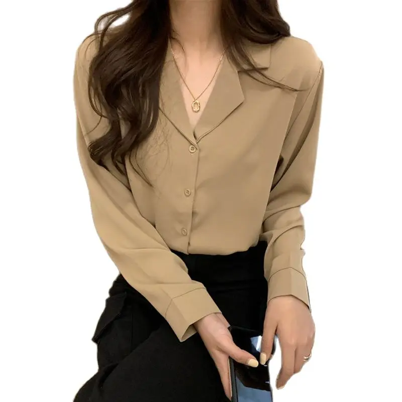 Itoolin Women Sping Chiffon Shirts Long Sleeve V-Neck Buttoned Up Tops and Blouse Elegant Blouse Solid Loose OL Shirts For Women