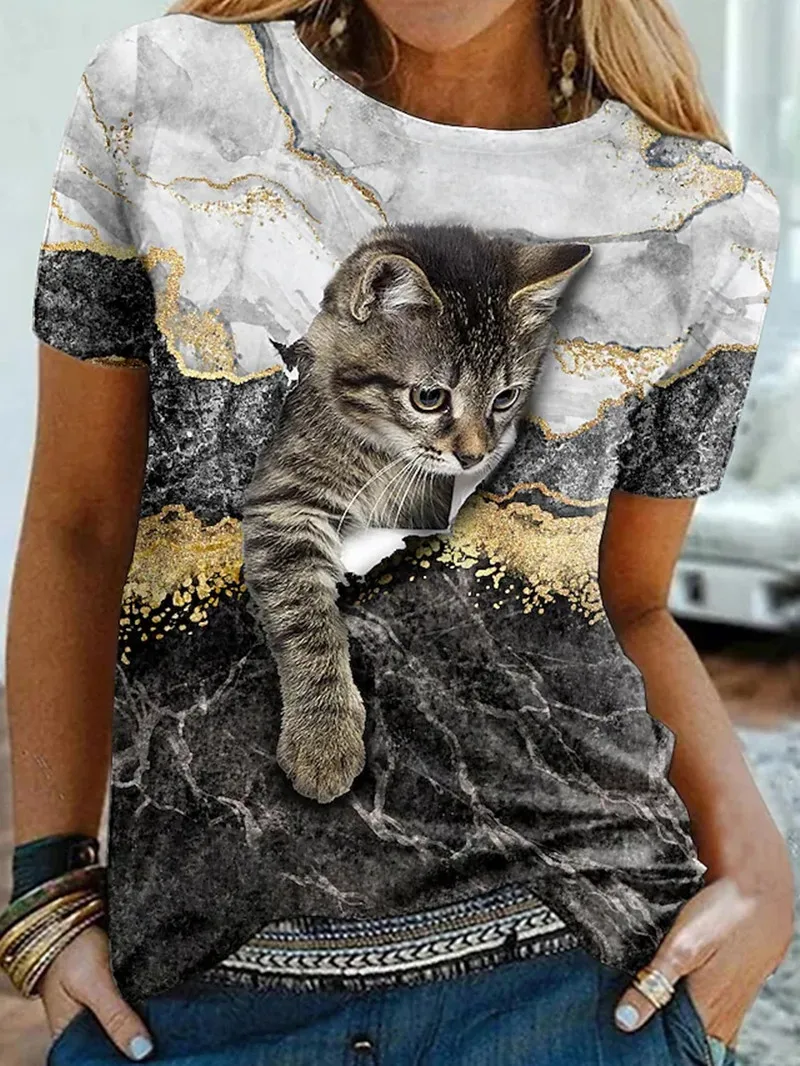 

Mujer Camiseta Camiseta Gato Gráficos 3D Diario Fin de semana Dibujo de gato 3D Camiseta Camiseta Manga Corta Estampado Cuello r