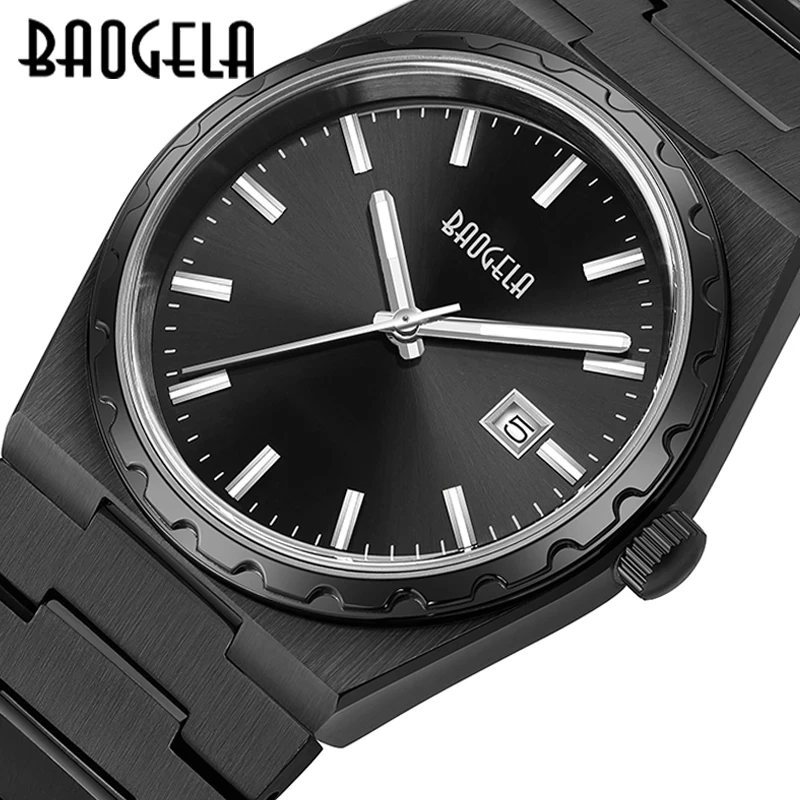 BAOGELA Top Brand All Black Stainless Steel Men's Wristwatch Classic Business 50M Waterproof Japan Movement Quartz Watch For Men