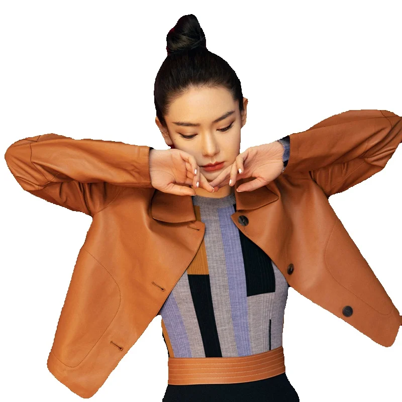 Весеннее пальто Qi Wei из натуральной кожи женская короткая приталенная куртка