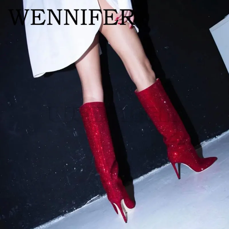 

Crystal Embellished 105mm Boot Pointy Toe Cardinal Red Knee Length Boots Women Winter Pull-on High Stiletto Heels Botas De Mujer