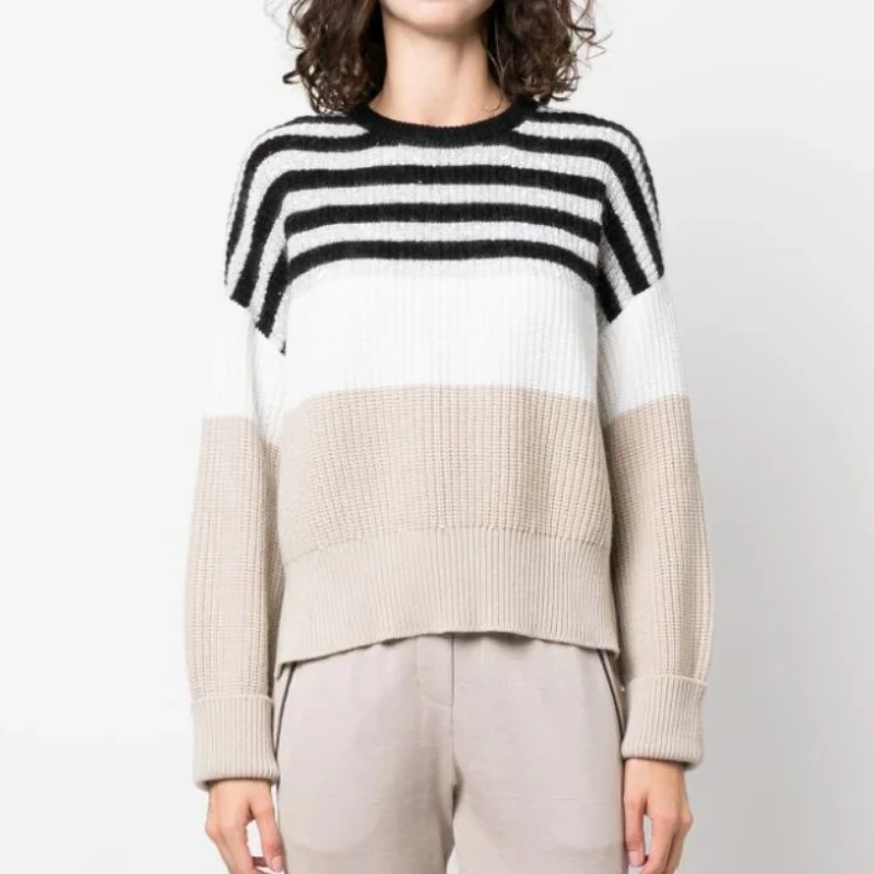 

Новинка Осень-зима чистый кашемировый свитер с круглым вырезом полосатый блестящий Женский вязаный свитер с длинными рукавами