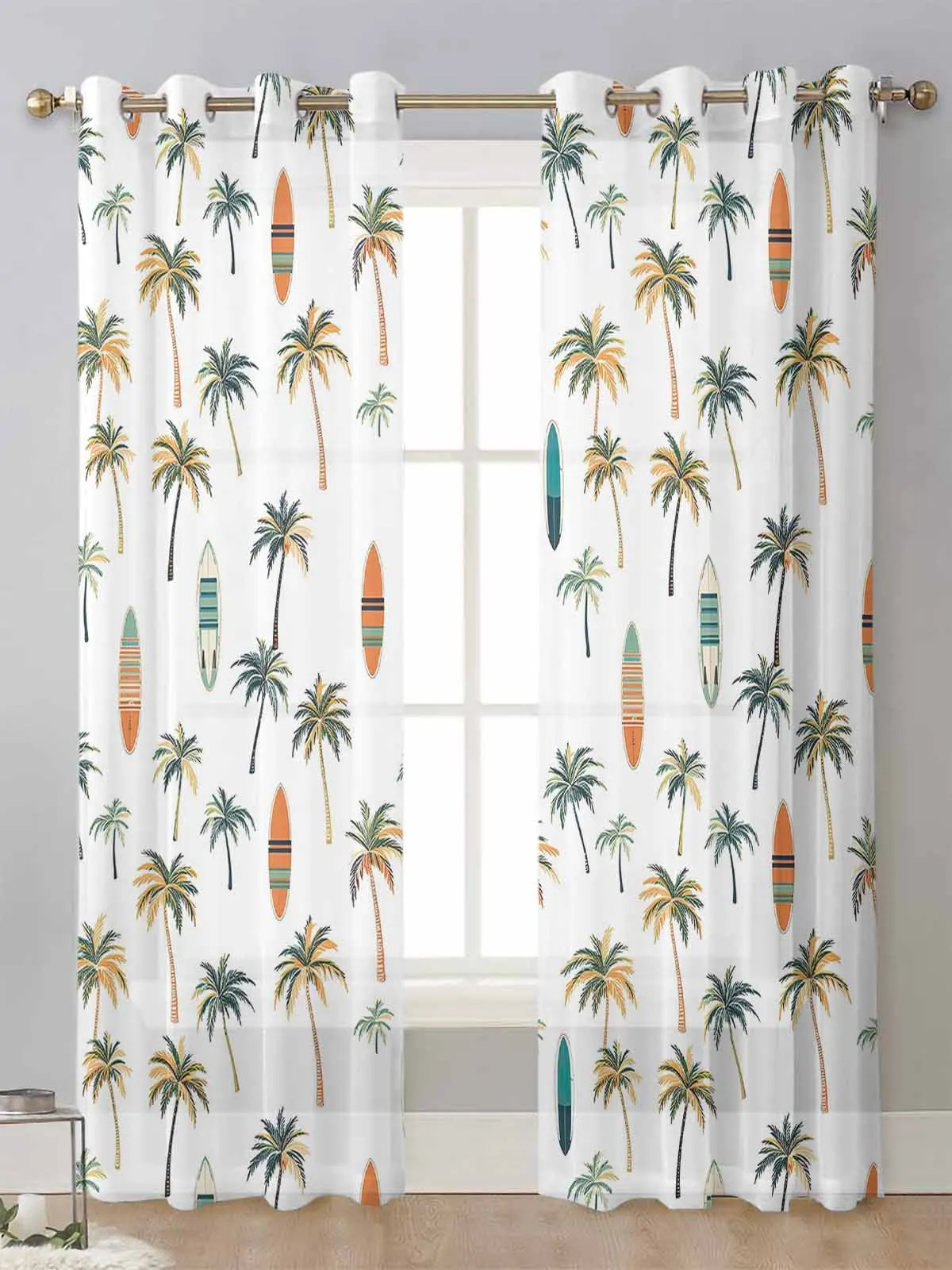 

Palm Trees Surfboards Leaves Sheer Curtains For Living Room Window Transparent Voile Tulle Curtain Cortinas Drapes Home Decor