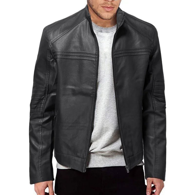 

Autumn and Winter Faux Leather PU Men's Solid Color Straight Cardigan Stand Collar Jacket Men's Casual Long Sleeve Zipper Jacket