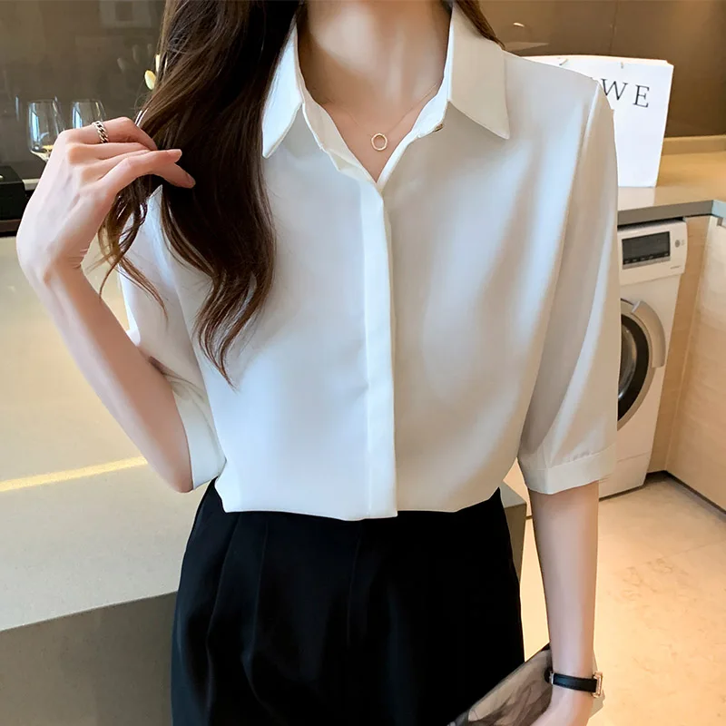 Деловая Синяя Женская рубашка для офиса Модные свободные топы работы шифоновые