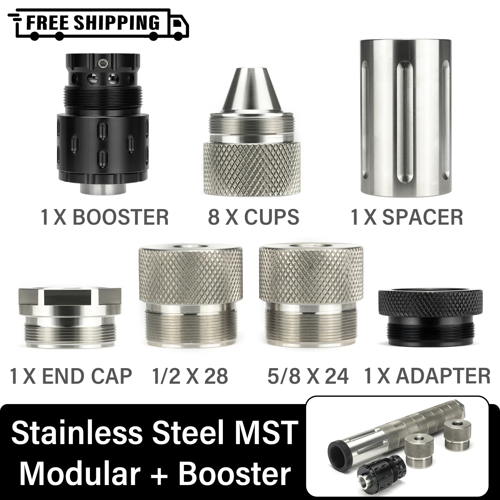 

1.58"OD 10"L Stainless Steel 1/2x28+5/8x24 Modular Solvent Tube Filter Kit 1.375x24 MST+ Booster + Baffle Cone Cups Drilling Jig