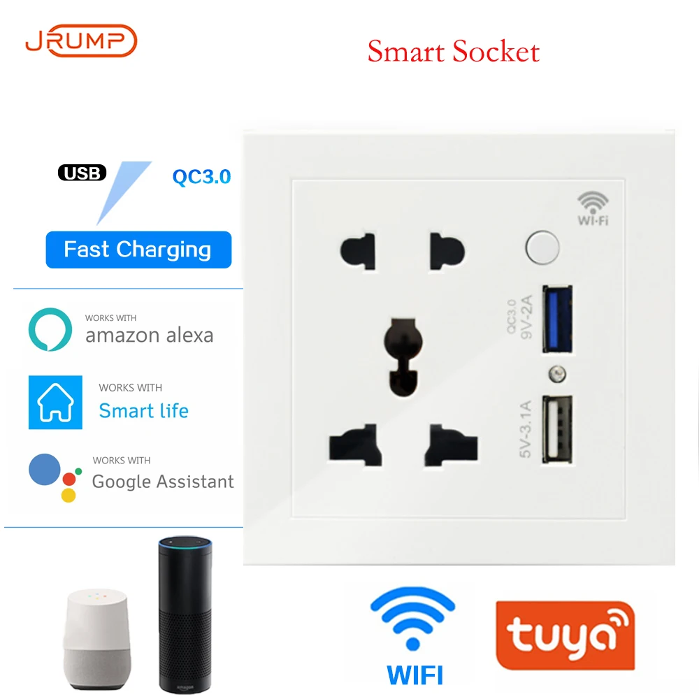 

European standard smart socket with dual USB fast charging and 5-hole power socket Work With Alexa Echo Google Home