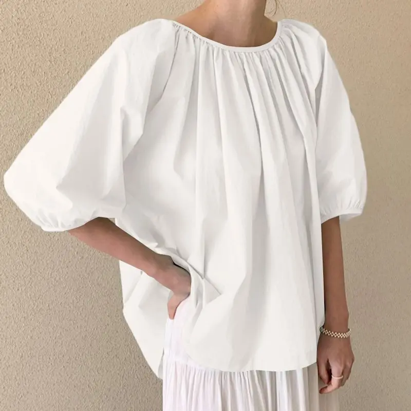 

Рубашка VONDA Женская Офисная с коротким рукавом и круглым вырезом, однотонная Повседневная мешковатая плиссированная блузка оверсайз с круг...