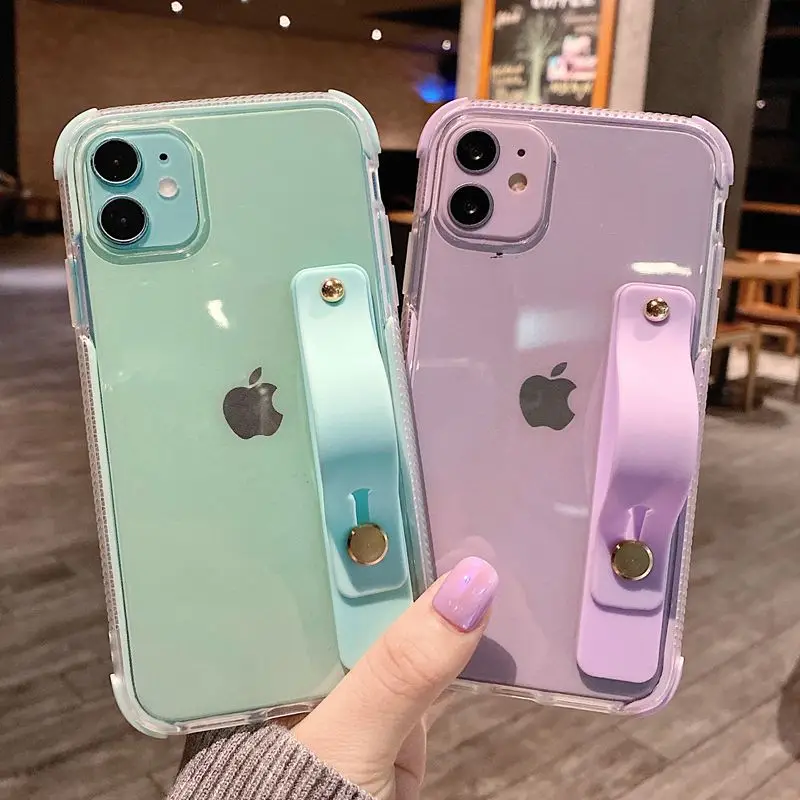 

Soft Transparent Wrist Strap Phone Case For iPhone 11 12 mini Pro Max X XR Xs Max 7 8 Plus SE 2020 Kickstand Cases Cover