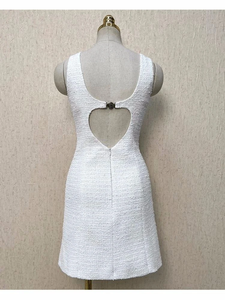 

2023 Spring Summer Elegant Women's High Quality Blackless White Tweed Sleeveless Dress Brand New Designer Sundress F121