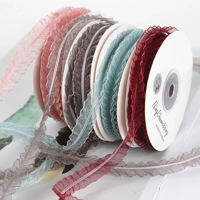 

1.5cm Skirt Pleated Organza Tape Ribbon Bow Hair Accessories Fabric DIY Handmade Packaging Material Satin Ribbon Webbing