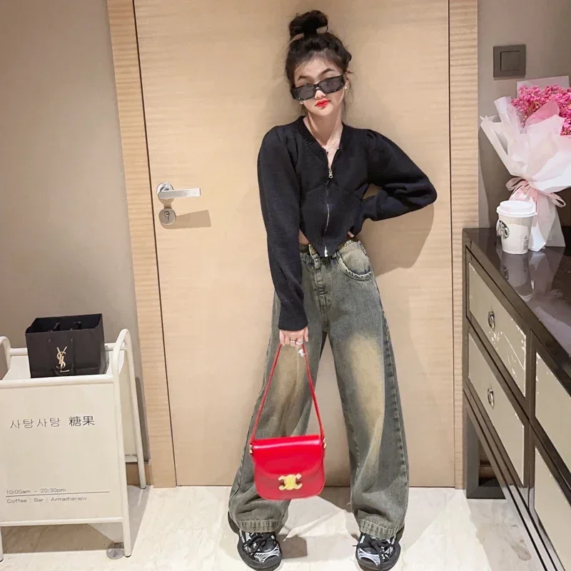 2 шт. детский джинсовый костюм с пузырьковым рукавом на Возраст 4-14 лет