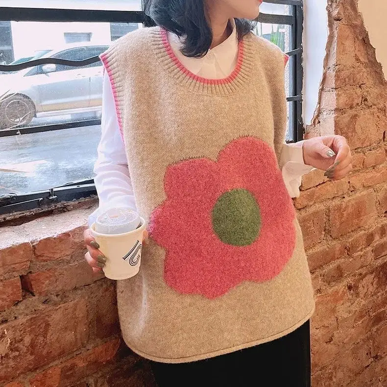 

Flower Woman Sweater Vests Knit Casual Sweaters Vest Sleeveless High Quality All-match Knitted Casualr Daily V-Neck Soft T122
