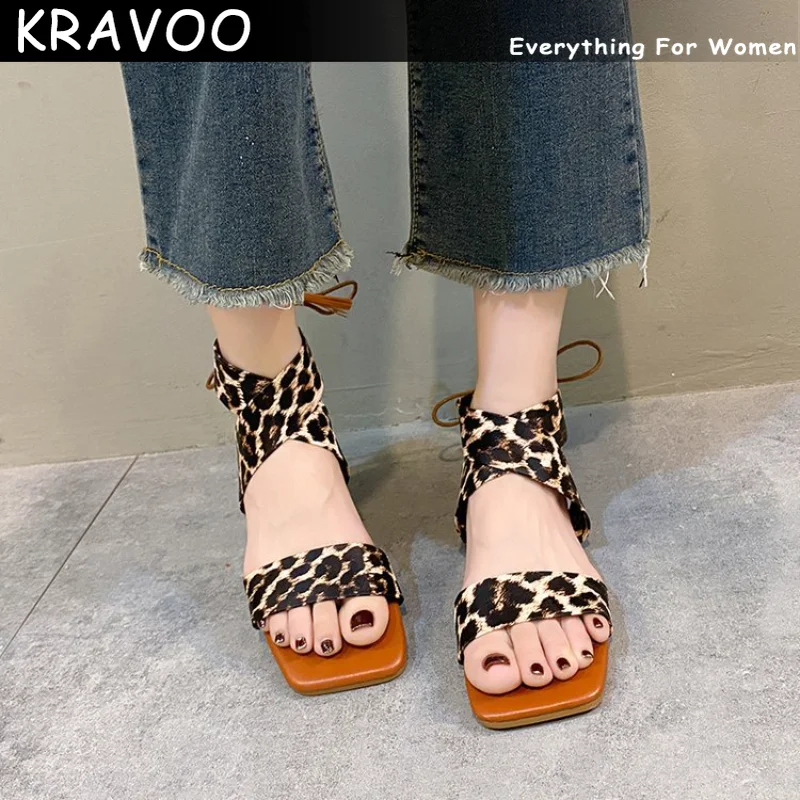

KRAVOO Shoes for Women Leopard Fringe Roman Women Sandals Fashion Women's Slippers Lace-up Ladies Sandal 2023 New Shoes Summer
