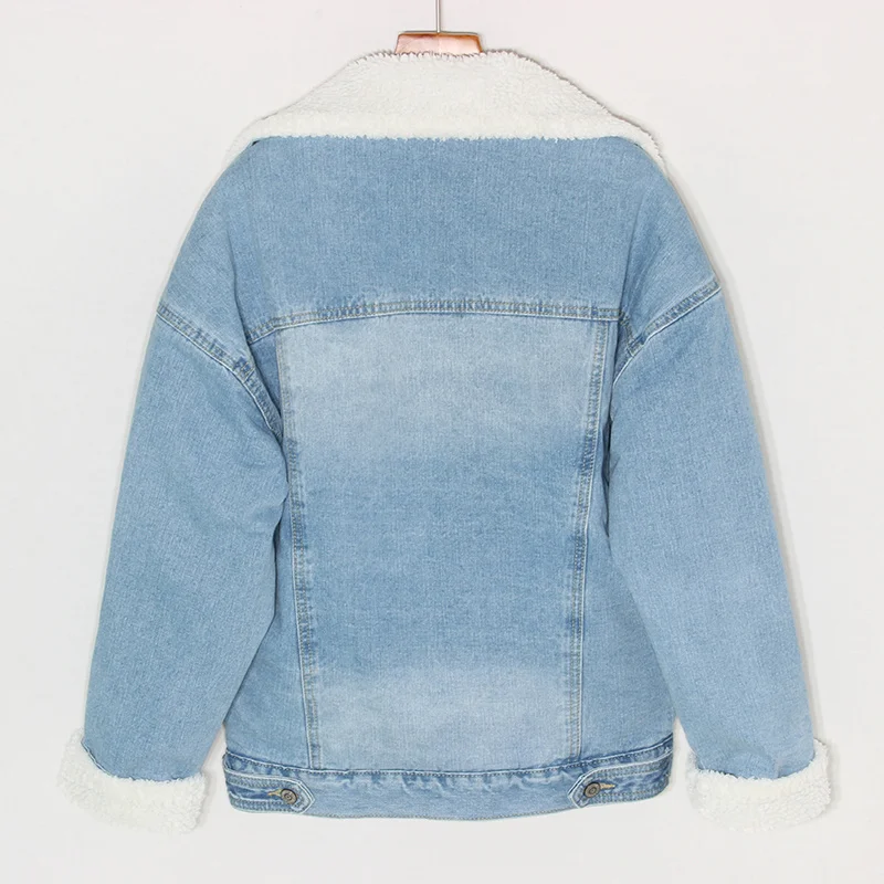 

Fashion Korean Winter New Thick Warm Lamb Fur Lining Denim Women Outerwear Mid Long Loose Blue Jeans Jacket Coat Female