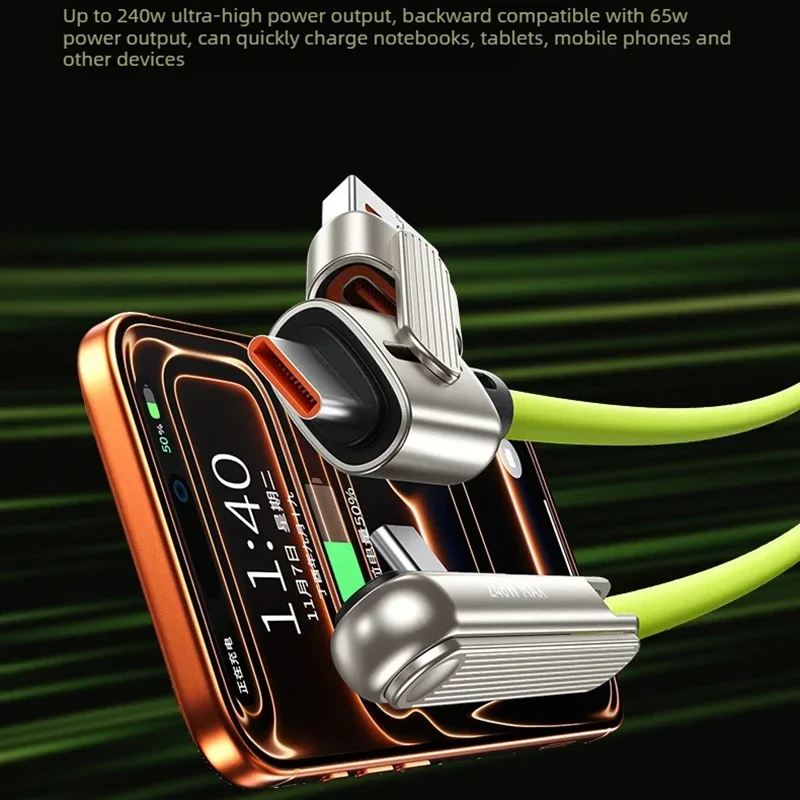 Фото Портативный кабель для быстрой зарядки 240 Вт 2-в-1 USB A/C с Type-C и складной подставкой для телефона/планшета (для iPhone 15, Samsung, Huawei, Xiaomi) №4