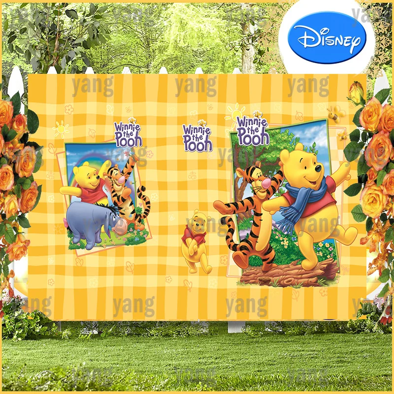 Disney Blue Background Banner Birthday Tigger Piglet Eeyore Backdrop Custom Winnie Bear Hula Hoop Baby Party Cartoon Decoration