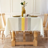 fabric striped tablecloth with tassel cotton linen dustproof rectangular table cloth decorative table cover