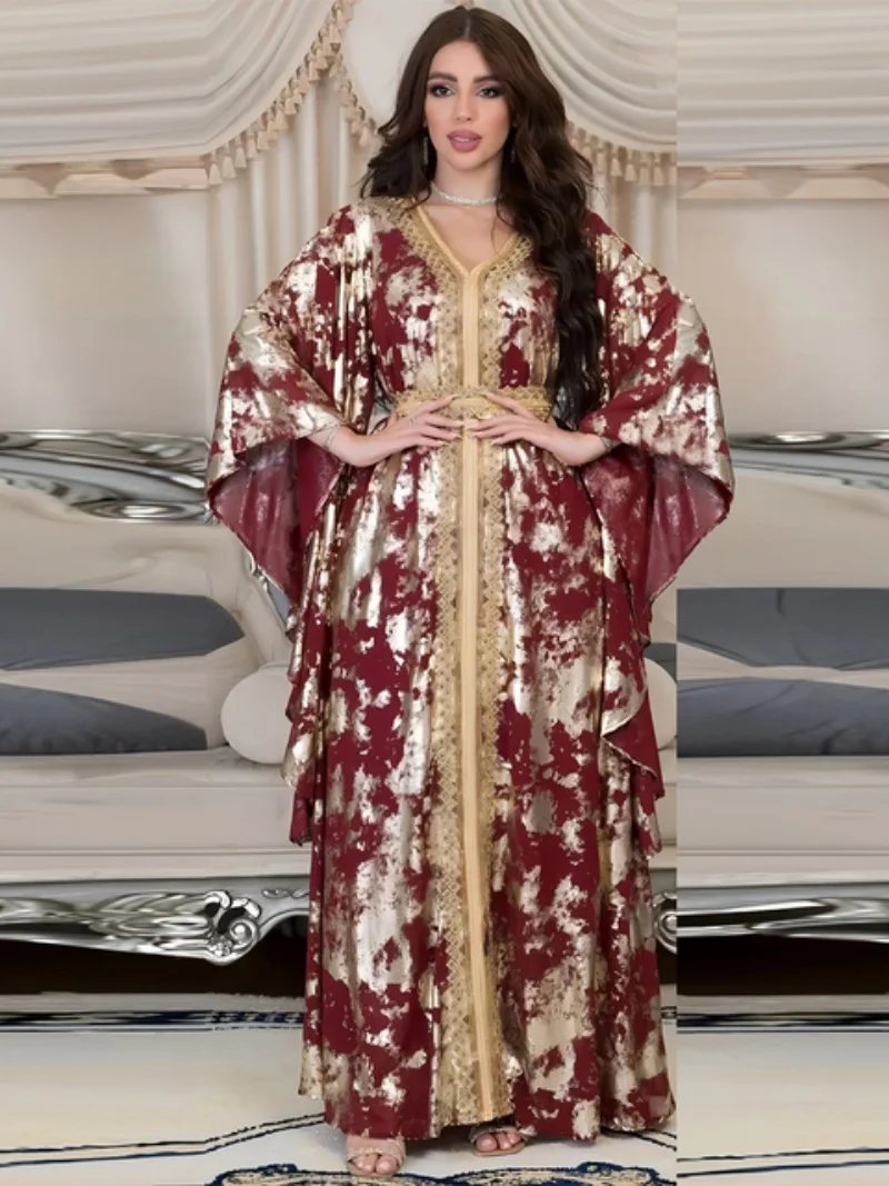 Ramadan Kaftan Moroccan Caftan Woman Bat Sleeve Paint Splash Print Chiffon V-Neck Lace Tape Belted Dress Abayas Gowns Dubai