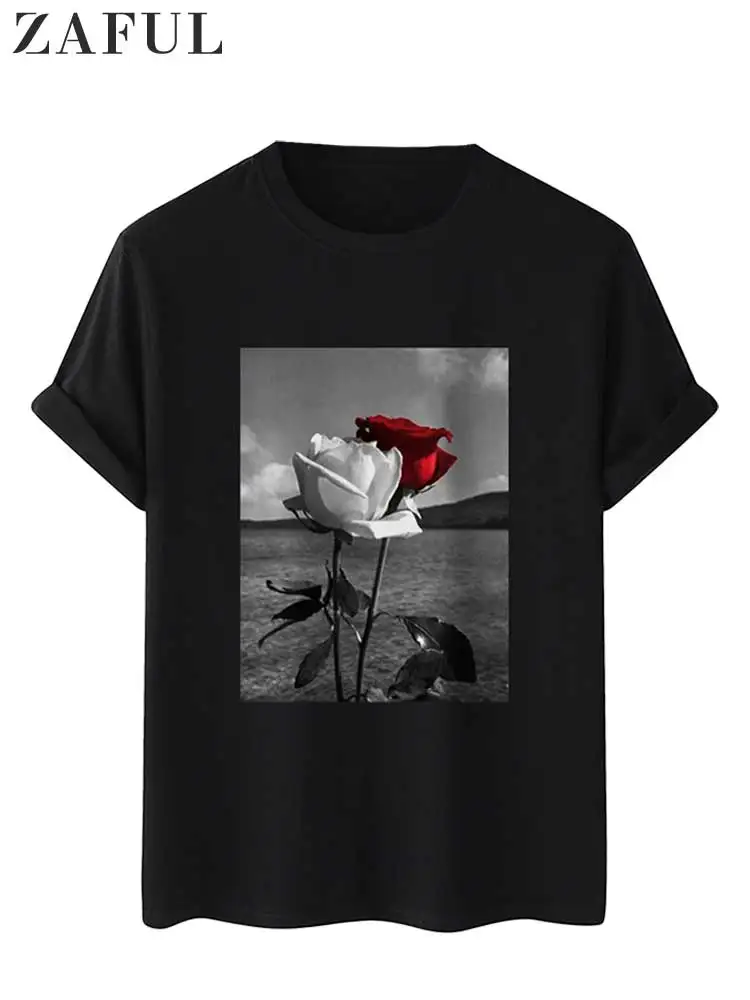 

ZAFUL Cotton T-shirt for Men Floral Rose Graphic Printed Short Sleeve T-shirt Romantic Spring Summer Tops for Valentine's Gift