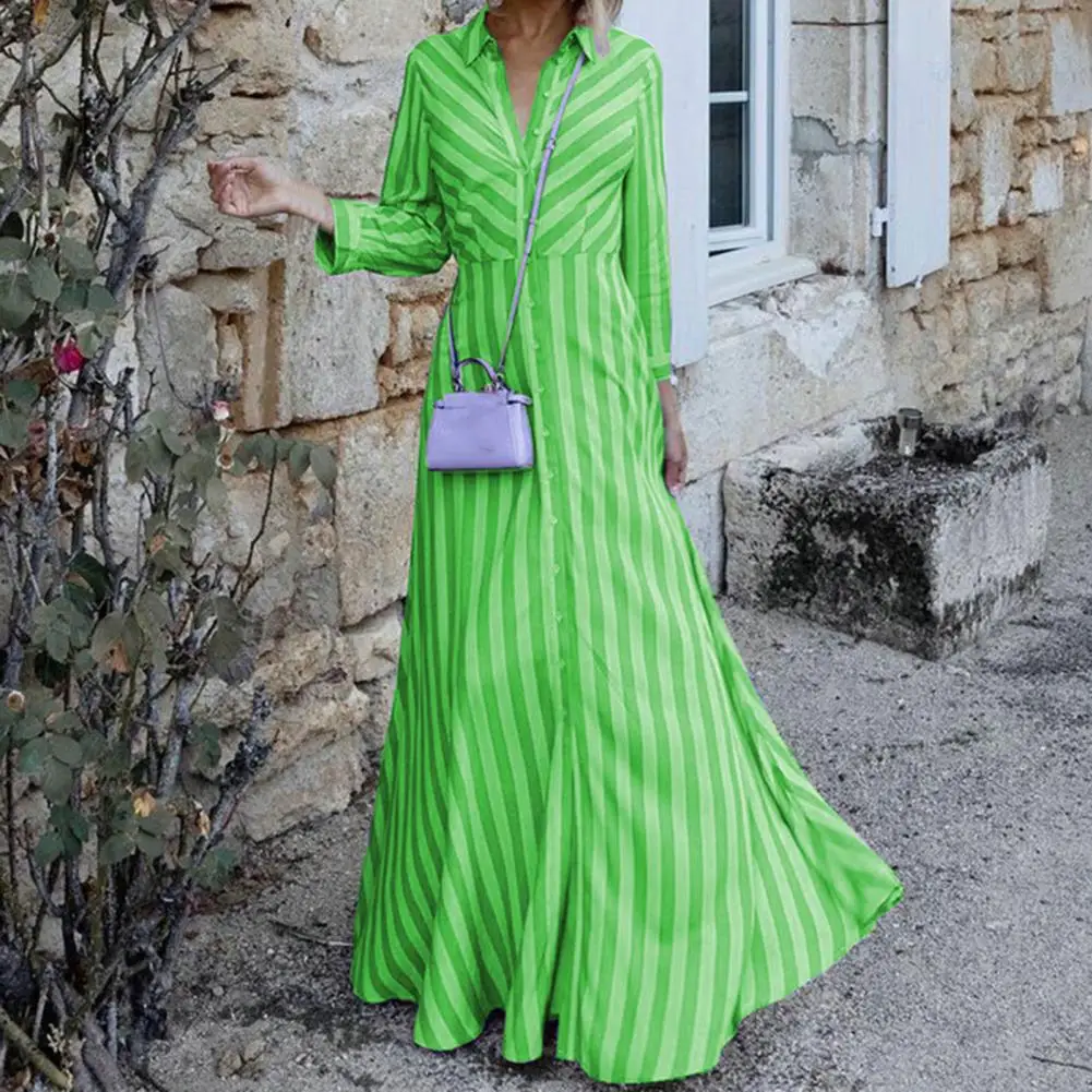 

Женское платье в полоску, однобортное свободное платье-макси составного кроя с длинным рукавом, отложным воротником и высокой талией